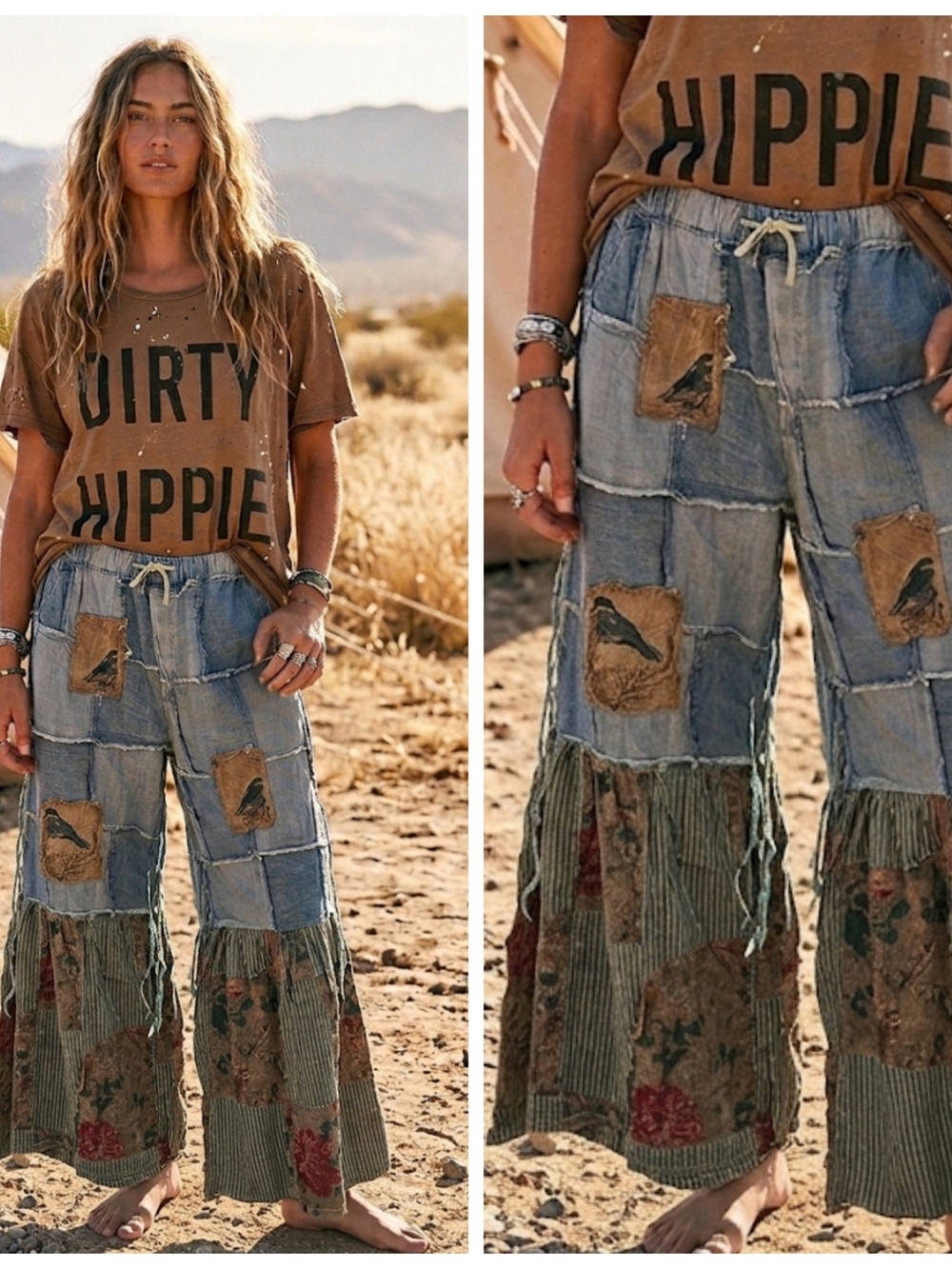 Patchwork Wide-Leg Boho Bird Pants - Blue Multi